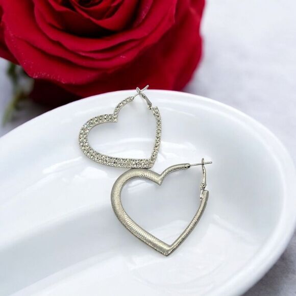Silver Rhinestone Heart Hoop Earrings Studded Pierced Women's Jewelry Leverback - Picture 8 of 9